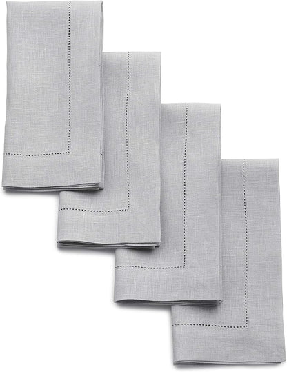 Solino Home Linen Napkins Set of 4 - Classic Hemstitch 100% Pure Linen Soft Grey Dinner Napkins Cloth 20 x 20 Inch for Fall, Autumn, Christmas, Winter, New Year - Handcrafted and Machine Washable