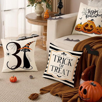 Halloween Decor Pillow Covers 18x18 Inch,Set of 4 Halloween Decoration Indoor Outdoor Throw Pillow Covers, Trick or Treat Black Striped Linen Cushion Case for Home Sofa Couch Bedroom Chair
