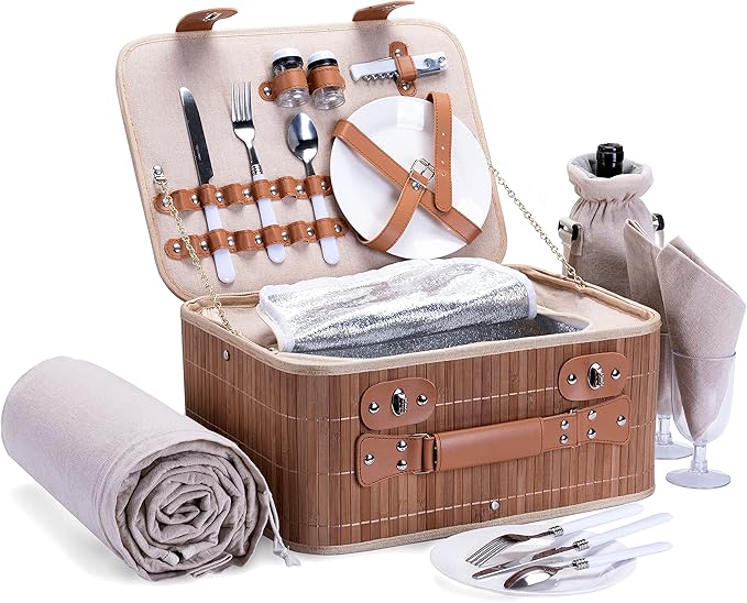 Picnic Basket Set for 2 with Waterproof Blanket Insulated Wine Pouch Hamper with Cutlery for Two Persons, Family,Couple,Camping,Outdoor,Wedding Gift, Birthday