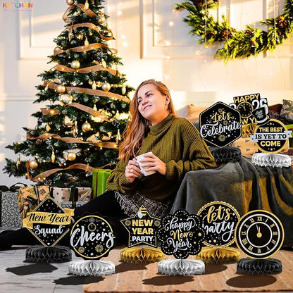 KatchOn, New Years Centerpieces For Tables - Pack of 9 | New Years Eve Party Supplies 2026 | Black and Gold Honeycomb for New Year Decorations 2026 | New Year Eve Party Decorations