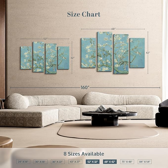 ElephantStock Almond Blossoms Wall Art - Horizontal Canvas - 4-Piece Living Room Wall Decor - Flower Painting Canvas Print - Blue and Green Decor for Wall by Vincent Van Gogh - 52" X 32"