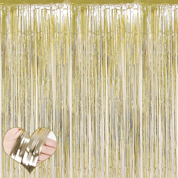 4 Pack Light Gold Fringe Curtain Backdrop, 3.2Ft x 8.2Ft Metallic Tinsel Foil Fringe Streamers Background for Photo Booth Birthday Wedding Baby Shower Carnival Easter Mother’s Day Party Decorations