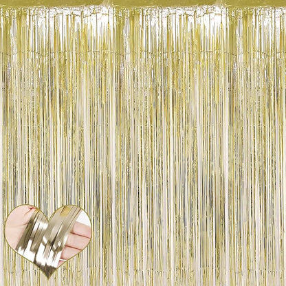 4 Pack Light Gold Fringe Curtain Backdrop, 3.2Ft x 8.2Ft Metallic Tinsel Foil Fringe Streamers Background for Photo Booth Birthday Wedding Baby Shower Carnival Easter Mother’s Day Party Decorations