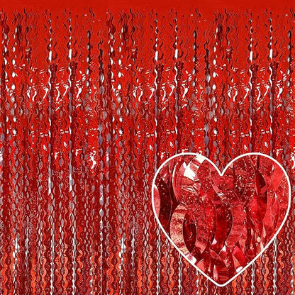 4 Pack Red Fringe Curtain Backdrop 3.2Ft x 8.2Ft Metallic Tinsel Foil Fringe Streamers Background for Photo Booth, Easter, Mother's Day, Bachelorette, Wedding, Birthday Party Decoration