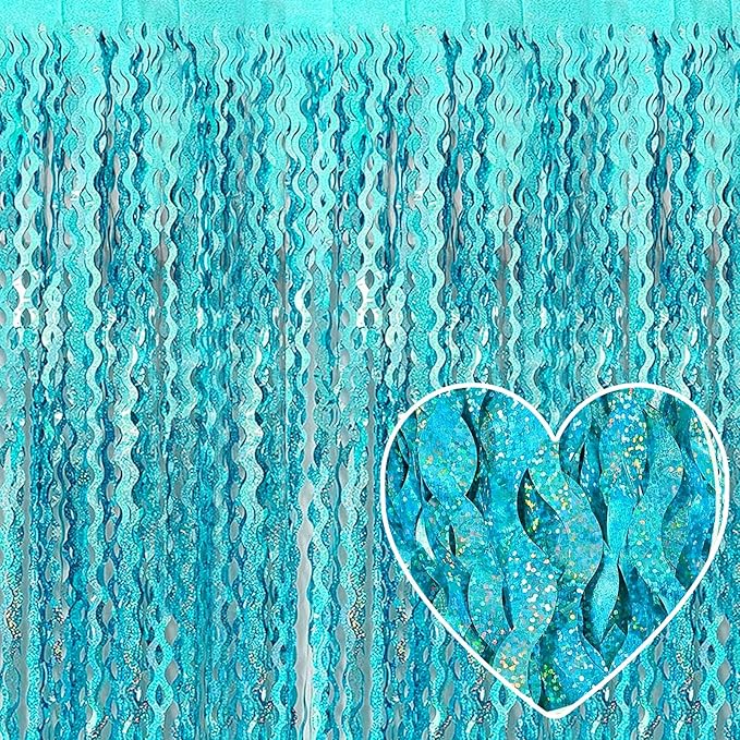 4 Pack Lake Blue Fringe Curtain Backdrop 3.2Ft x 8.2Ft Metallic Tinsel Foil Fringe Streamers Background for Photo Booth, Easter, Mother's Day, Bachelorette, Wedding, Birthday Party Decoration