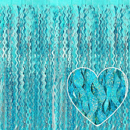 4 Pack Lake Blue Fringe Curtain Backdrop 3.2Ft x 8.2Ft Metallic Tinsel Foil Fringe Streamers Background for Photo Booth, Easter, Mother's Day, Bachelorette, Wedding, Birthday Party Decoration