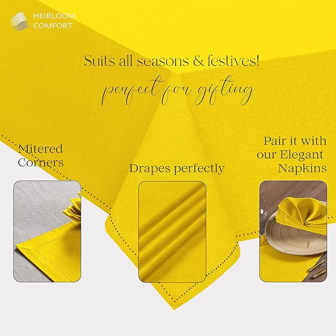 Lemon Yellow Rectangle Table Cloth, 60x86 Inch, 100% Cotton, Fits 6-8 Seats, Washable, Wrinkle Resistant, Durable, Dining Table Cover for Birthdays, Baby Showers, Spring Celebrations