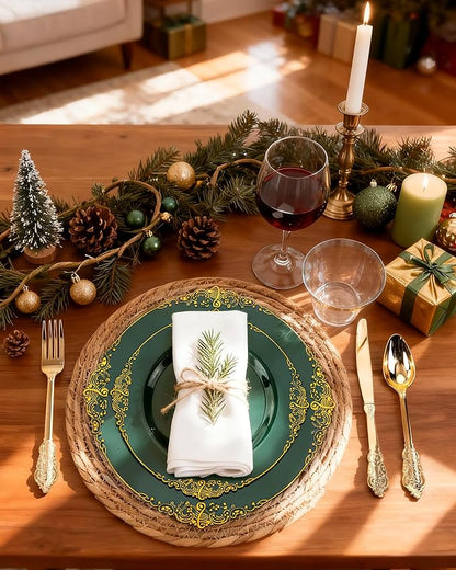 Nervure 350PCS Green Plastic Plates - Green Gold Plastic Dinnerware Sets for 50 Guests - 100 Disposable Plates, 150 Gold Silverware, 50 Cups, 50 Napkins for Wedding & Party & Christmas