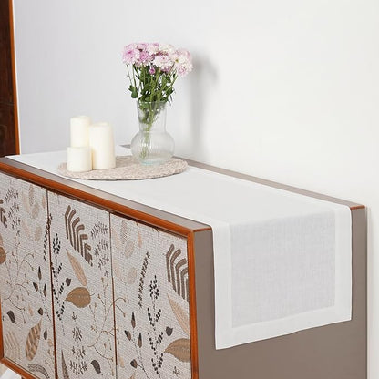D'Moksha Homes Linen White Table Runner 36 Inches - 100% Pure Linen Small Table Runner 14 x 36 Inch for Dresser, Coffee Tables, Winter, Christmas, Holiday-Machine Washable