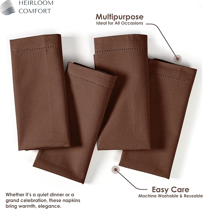 Brown Cloth Napkins 18x18 Inch, Set of 6-100% Cotton, Soft, Absorbent, Reusable & Washable Napkin with Hemstitch Mitered Edges - Ideal for Rustic Weddings, Farmhouse Dining, Dinner
