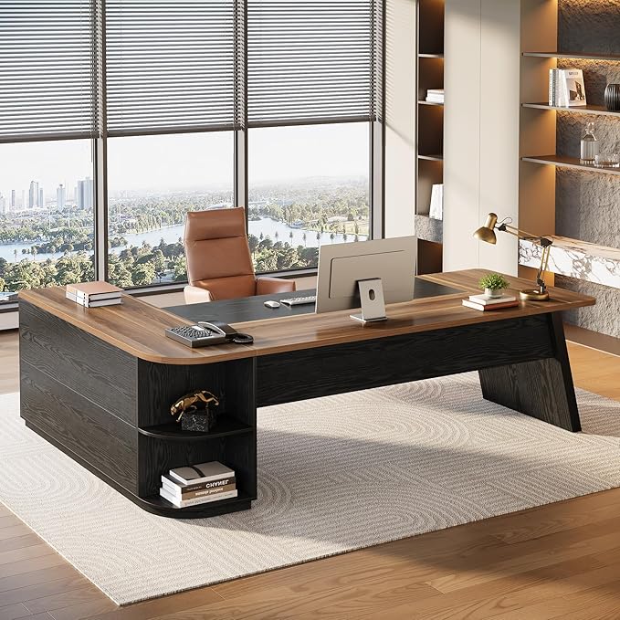 Tribesigns 79-Inch Executive Desk, Large Office Desk with Cabinet, L-Shaped Compter Desk with Storage Shelves, Writing Table for Home Office, Brown and Black