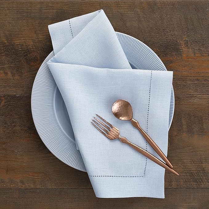 Solino Home Light Blue Linen Napkins Set of 6-100% Pure Linen Hemstitch Dinner Napkins 20 x 20 Inch for Christmas, Winter, New Year - Classic Hemstitch