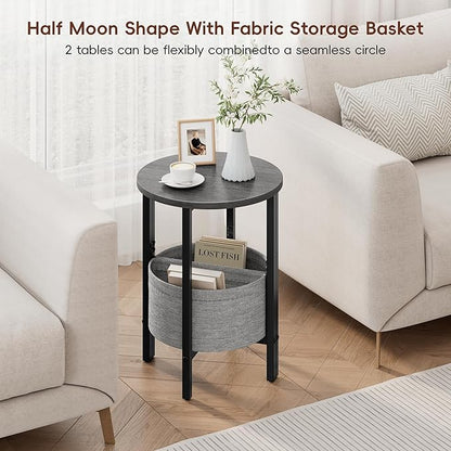 Vagusicc Small Round Side Table End Table, Tall Accent Table with Storage Basket, Set of 2 Half Round Table Half Moon Tables, Coffee Bedside Table Modern Nightstand for Living Room Bedroom Gray Walnut