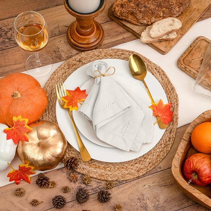 Blue Needles Set of 6 Hemstitch Linen Napkins 100% Cotton White Cloth Dinner Napkins 18x18 inches, Soft, Reusable, Absorbent, Washable, Ideal for Fall Thanksgiving Events, Parties & Everyday Use