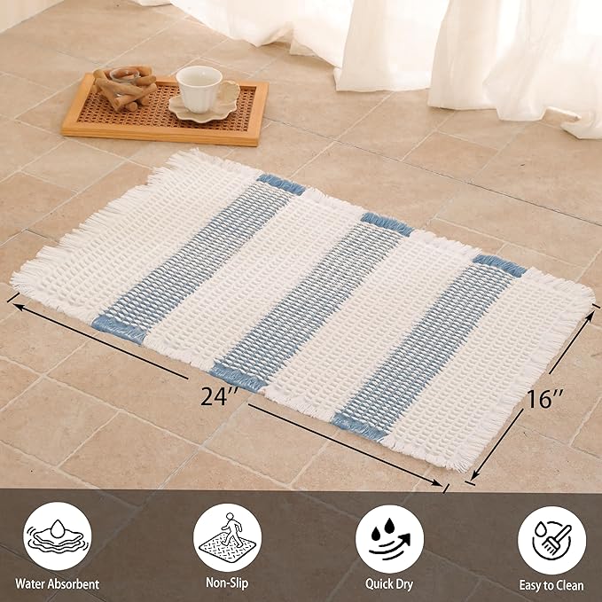 Waffle Bath Mat Non Slip, Boho Bathroom Rug, Super Absorbent Quick Dry Bathroom Mat, Soft Farmhouse Bath Rug with Tassels, Small Washable Shower Mats for Floor 16"x24", White and Blue