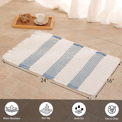 Waffle Bath Mat Non Slip, Boho Bathroom Rug, Super Absorbent Quick Dry Bathroom Mat, Soft Farmhouse Bath Rug with Tassels, Small Washable Shower Mats for Floor 16"x24", White and Blue