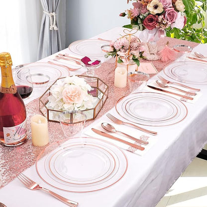 DaYammi 350Pcs Rose Gold Dinnerware Set Include: 50 Dinner Plates 10.25’’,50 Dessert Plates 7.5’’,50 Rose Gold Cutlery,50 Disposable Cups 9 OZ with 50 Napkins for Party