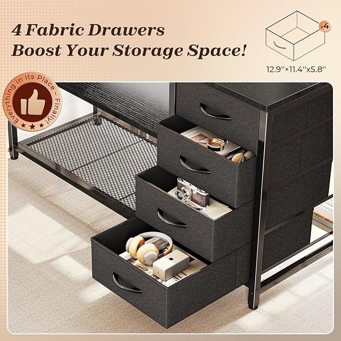 PRAISUN 61" L Shaped Desk with Power Outlets and USB-C Port, Reversible Computer Corner Office Desk with 4 Fabric Drawers and 2 Height-Adjustable Shelves, Large for Gaming Writing Work Study，Black