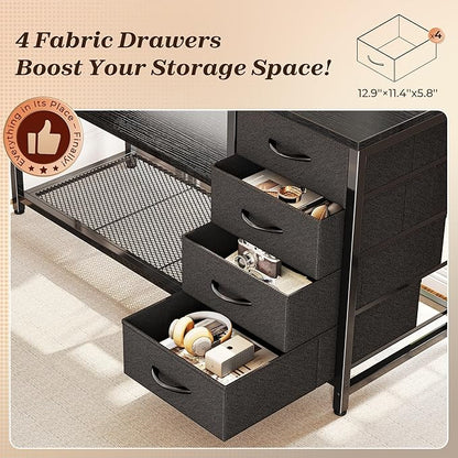 PRAISUN 53" L Shaped Desk with Power Outlets and USB-C Port, Reversible Computer Corner Office Desk with 4 Fabric Drawers and 2 Height-Adjustable Shelves, Large for Gaming Writing Work Study, Black