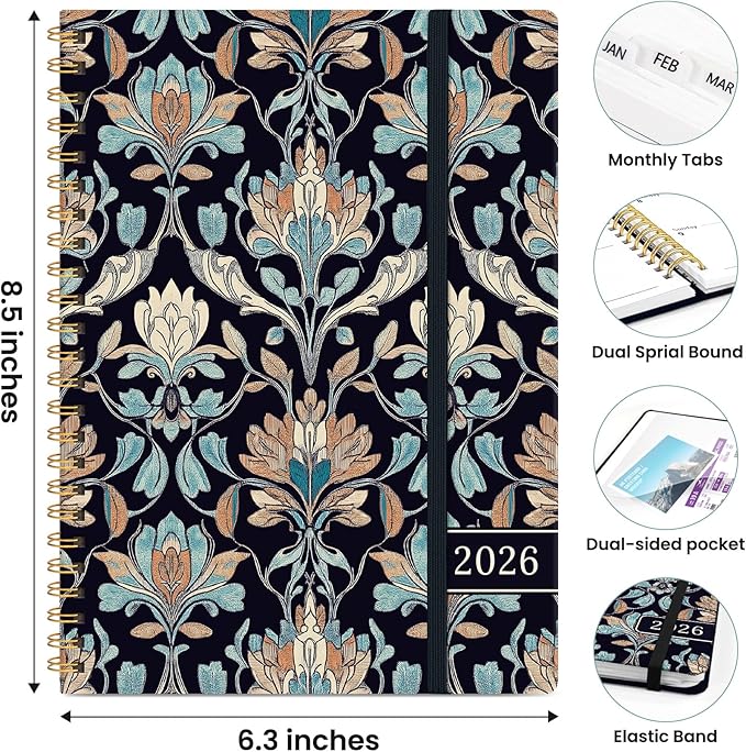 2026 Planner, Weekly and Monthly Planner for Women, Jan 2026 - Dec 2026 Pretty 2026 Calendar Planner with Monthly Tabs, Inner Pocket, Spiral Binding, Perfect for Office Home School - 6.3" x 8.5", Amber Bloom