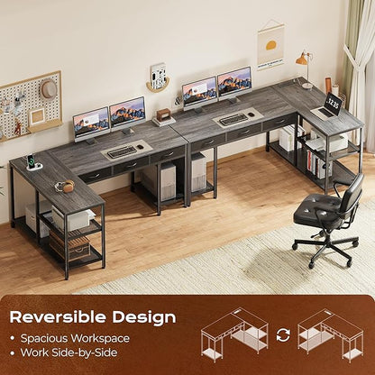 PRAISUN 55 Inch L Shaped Office Desk with Power Outlets and Type-C Port, Large Computer Gaming Desk with 3 Fabric Drawers, Mesh Shelves, Corner Study Work Writing Desk, Grey