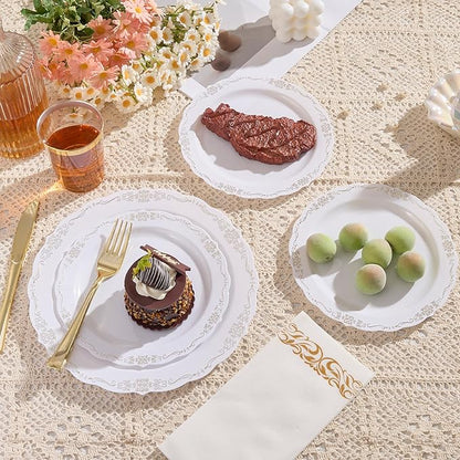 175 PCS White and Gold Disposable Plates, Elegant Dinnerware Set for 25 Guests, 50 Plastic Plates, 75 Silverware, 25 Cups & 25 Paper Napkins, White and Gold