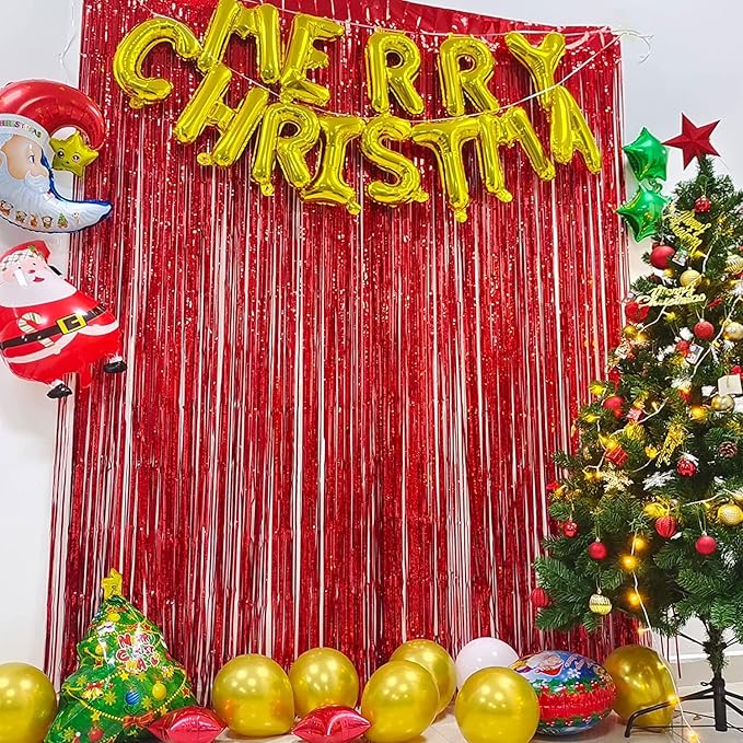 Foil Fringe Curtain Party Decorations - Black Red Metallic Tinsel Backdrop Party Steamers Curtains for Christmas New Years Boy Men Birthdays Prom Bachelorette Holidays Parties Decorations