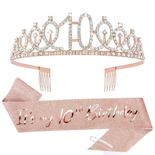 CIEHER 10th Birthday Crown, Sash + Pearl Pin Set - Decorations and Gifts for 10 Year Old Girl's Birthday Party Favors