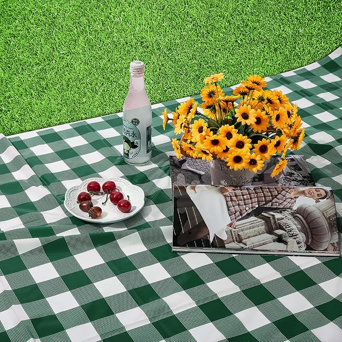 Kesfey 12 Packs Green and White Checkered Tablecloths Party Picnic Disposable Table Covers 54 × 108 Inches Splashproof Plastic Checkered Gingham Tablecover for Outdoor Dinners Party Retro Celebrations
