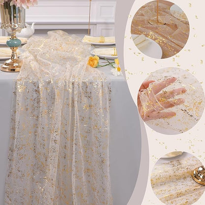Snowkingdom 10 Ft Gold Table Runner, Sheer Gauze Chiffon Tulle Cheesecloth Sequin Glitter Metallic Foil, Table Decorations for Home Wedding Anniversary Party Birthday Holiday Christmas Thanksgiving