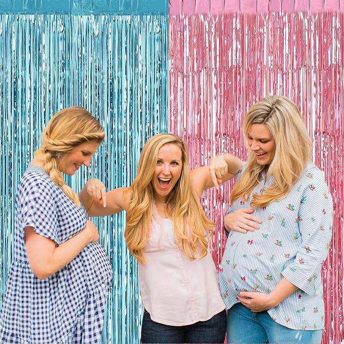4 Pack 3.2Ft x 8.2Ft Pink Blue Fringe Curtain Backdrop, Metallic Tinsel Foil Fringe Streamers Curtains for Photo Booth Wedding Gender Reveal Backdrop Boy or Girl Birthday Party Decoration