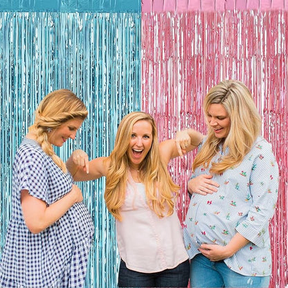 4 Pack 3.2Ft x 8.2Ft Pink Blue Fringe Curtain Backdrop, Metallic Tinsel Foil Fringe Streamers Curtains for Photo Booth Wedding Gender Reveal Backdrop Boy or Girl Birthday Party Decoration