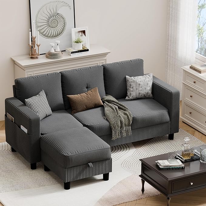 JAMFLY Convertible Sectional Couches for Living Room, L-Shaped Couch 3 Seat Sectional Sofa Set with Corduroy Fabric and Movable Ottoman Small Couch for Apartments, Office（Dark Grey）