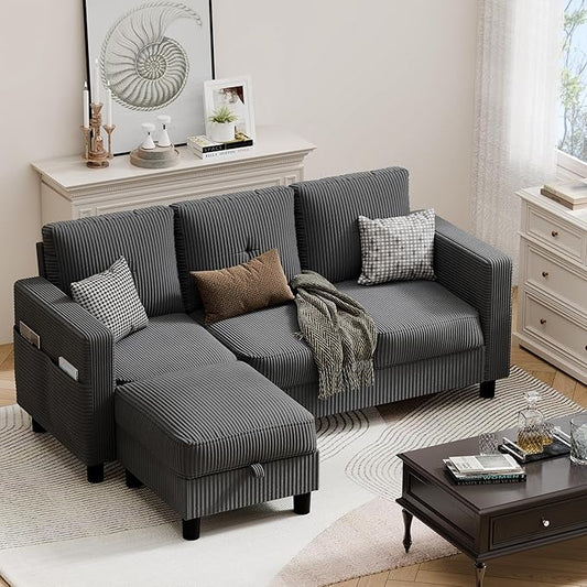 JAMFLY Convertible Sectional Couches for Living Room, L-Shaped Couch 3 Seat Sectional Sofa Set with Corduroy Fabric and Movable Ottoman Small Couch for Apartments, Office（Dark Grey）