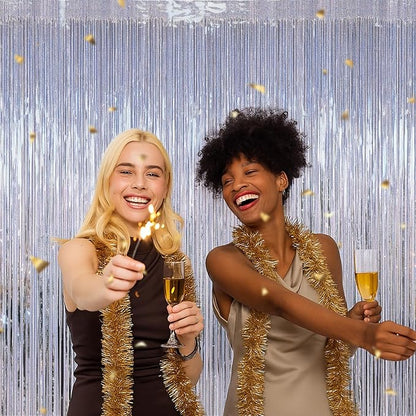 4 Pack Fringe Backdrop, 3.28 FT x 7.05 FT Glitter Silver Tinsel Curtains, Metallic Foil Streamer Disco Fringe Backdrop Party Curtains, Birthday Party Supplies Disco Decorations