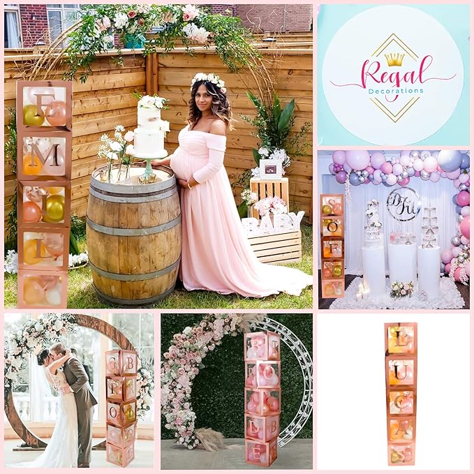 96 PC Bridal Shower Decorations Balloon Boxes Rose Gold - Transparent Block with BRIDE TO BE + GROOM + A - Z Letters and 40 Balloons- Engagement Bachelorette Parties Weddings Centerpieces Photo Booth