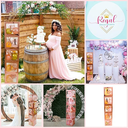 96 PC Bridal Shower Decorations Balloon Boxes Rose Gold - Transparent Block with BRIDE TO BE + GROOM + A - Z Letters and 40 Balloons- Engagement Bachelorette Parties Weddings Centerpieces Photo Booth
