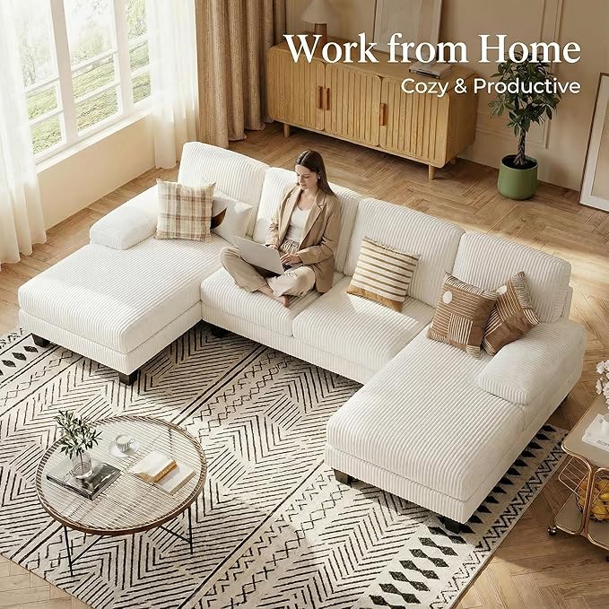 Homall Modular Sectional U Shaped Sofa Couches for Living Room, Comfy Chenille 4 Seat Sofa Set with Removable Pillows, Lounge Chaise Upholstered Couch for Apartment (Corduroy, Beige)