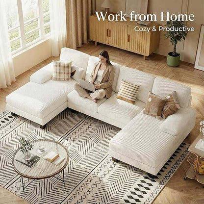 Homall Modular Sectional U Shaped Sofa Couches for Living Room, Comfy Chenille 4 Seat Sofa Set with Removable Pillows, Lounge Chaise Upholstered Couch for Apartment (Corduroy, Beige)