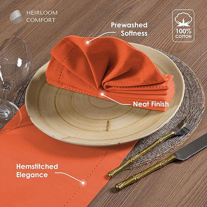 Orange Cloth Dinner Napkins 18x18 Inch - Set of 12 - Durable, Soft, Reusable, Washable - Hemstitch Mitered Edges - Ideal Cotton Napkin for Table Dining, Everyday, Parties, Events