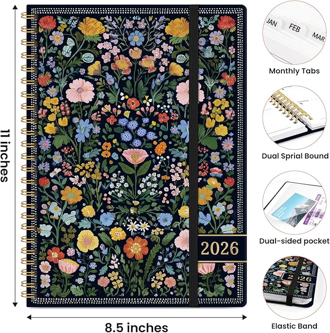 2026 Planner, Weekly and Monthly Planner for Women, Jan 2026 - Dec 2026 Pretty 2026 Calendar Planner with Monthly Tabs, Inner Pocket, Spiral Binding, Perfect for Office Home School - 8.5" x 11", Garden of Whimsy