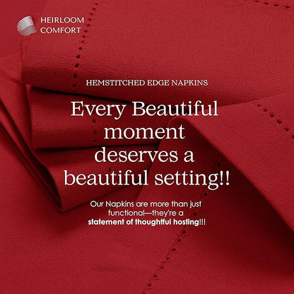 Red Cloth Napkins 18 x 18 Inch, 6 Pack - 100% Cotton, Soft, Durable, Absorbent, Washable - Hemstitch Mitered Edges - Perfect for Dinner, Parties, Events, Weddings, Everyday Use