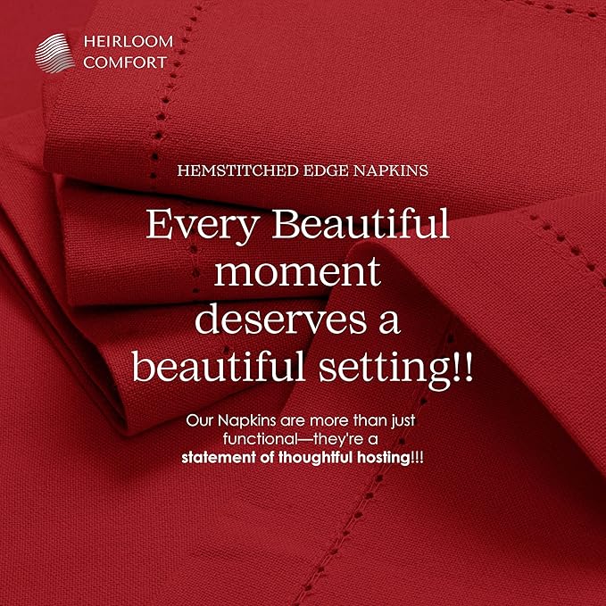 Red Cloth Napkins 18x18 Inch - Set of 12-100% Cotton, Soft, Absorbent, Reusable, Washable - Elegant Hemstitch Mitered Edges - Ideal for Dinner, Parties, Events, Everyday Use