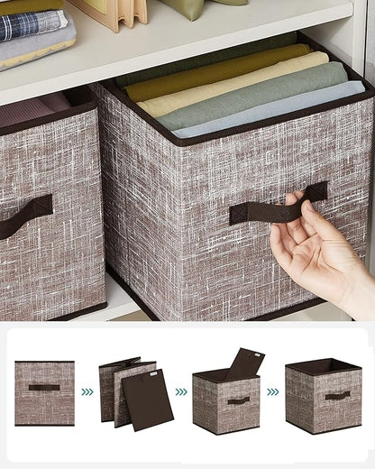 SONGMICS Storage Cubes, 11-Inch Non-Woven Fabric Bins with Double Handles, Set of 6, Closet Organizers for Shelves, Foldable, for Clothes, Walnut Color UROB026K02