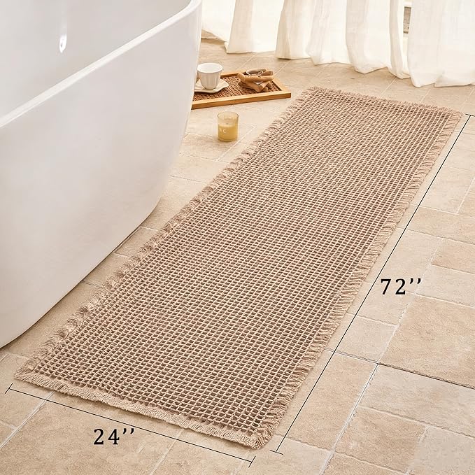 Waffle Runner Rug Non Slip, Boho Bath Mat, Super Absorbent Quick Dry Long Bath Runner Bathroom, Soft Farmhouse Bath Rug with Tassels, Washable Shower Mats for Floor 24"x72", Brown