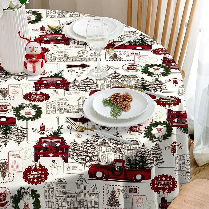 Eikione 70 Inch Round Merry Christmas Tablecloth, Truck Christmas Tree Tablecloth, Stain Resistant Dining Table Cover for Holiday Decor