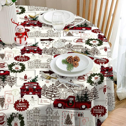 Eikione 60 Inch Round Merry Christmas Tablecloth, Truck Christmas Tree Tablecloth, Stain Resistant Dining Table Cover for Holiday Decor