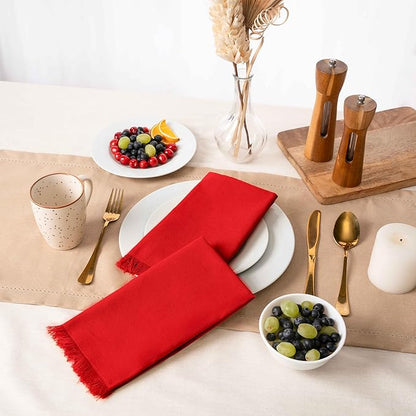 Blue Needles Handmade Cotton Linen Cloth Napkins with Fringes - Set of 6 Red Dinner Table Napkins 18x18 Inch Hemmed Edges Washable, Soft, Reusable, Perfect for Fall Thanksgiving & Family Dinner