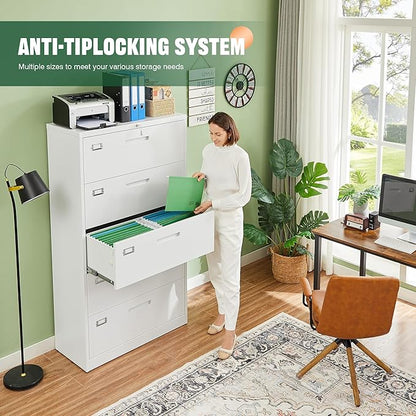 Letaya Lateral 5 Drawer File Cabinet with Lock,Metal Wide White Filing Cabinets for Home Office Storage A4/F4/Letter/Legal(Assembly Required)