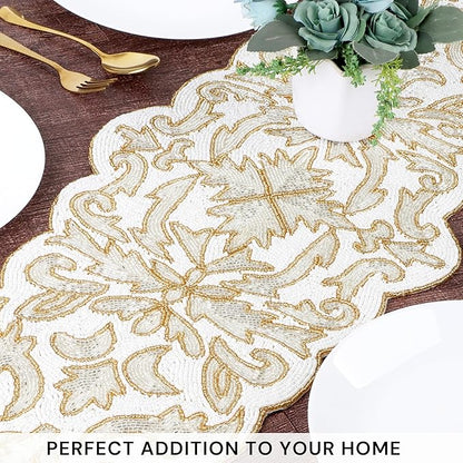 Beaded Table Runner 13 x 36 Inches - Elegant Dining Table Centerpiece with Glass Beads & Polyester Back, Handmade Decorative Runner for Weddings, Parties & Holiday Décor (White & Gold) - CLEENTABLE